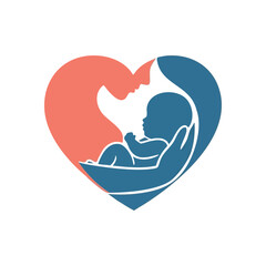 Maternal Embrace Heart Baby Symbol. An iconic illustration depicting a nurturing mother silhouette cradling her infant within a heart shape. This image represents profound familial bond, protection,.