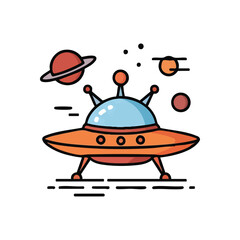 Whimsical Spacecraft Cartoon. A vibrant alien vessel in a playful cosmic setting. This delightful illustration evokes childhood wonder and the excitement of interstellar exploration.