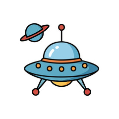 Whimsical Spacecraft and Planet Drawing. A delightful animated alien vehicle drifts beside a ringed orbital body. This colorful artwork inspires playful fantasies about cosmic journeys.