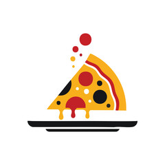 Tasty Pizza Slice Illustration. A vibrant, minimalist graphic depicting a cheesy pizza portion on a serving dish. Its delectable appearance suggests warmth and flavor, perfect for food themes.