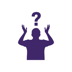 Person with Question Symbol. A stylized graphic portraying a human figure with raised hands under a query mark, symbolizing bewilderment, dilemma, or the search for answers.