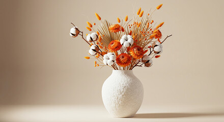 Minimalist White Vase with Dried Cotton and Orange Flowers on Beige Background