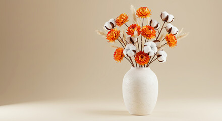 Minimalist White Vase with Dried Cotton and Orange Flowers on Beige Background