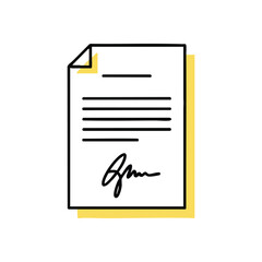 Signed Business Document. This minimalist graphic depicts an endorsed sheet of paper, conveying notions of validation, pacts, and crucial information.