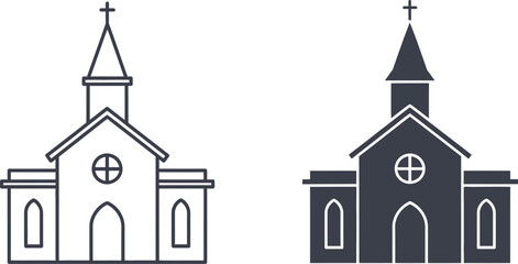 Church building vector illustration outline and solid silhouette design set