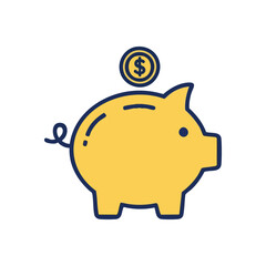 Financial Piggy Bank and Dollar Coin. Golden swine bank illustration with a currency token representing economic accumulation and future fiscal security. Ideal for wealth management and investment.
