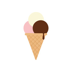 Sweet Triple Scoop Ice Cream Cone. A delightful illustration of a three-scoop frozen dessert in a classic wafer vessel. Featuring creamy, fruity, and cocoa flavors, symbolizing sweet indulgence and.