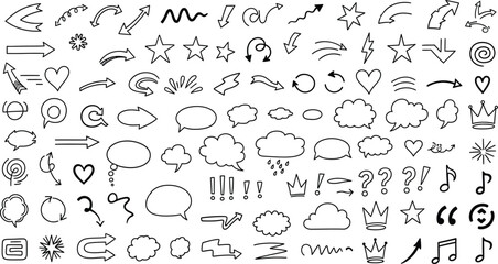 Vector doodle elements hand drawn arrows hearts speech bubbles stars crowns