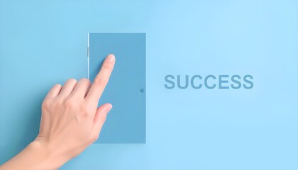 Fototapeta premium Hand Pushing Blue Door with Success Text