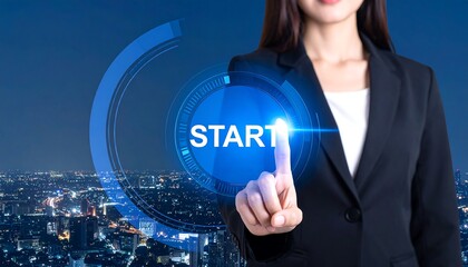Businesswoman pressing a start button over a city skyline at night