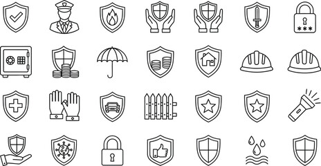 Outline security safety protection insurance icons vector set for design needs