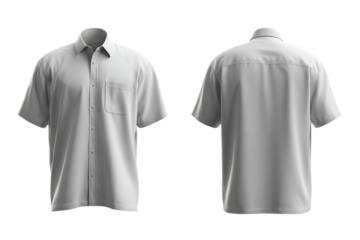 Front and back view of a classic light gray short-sleeved shirt, casual wear on transparent background, PNG