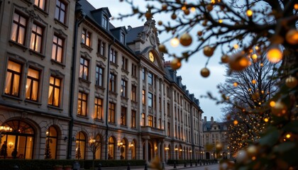 Christmas illuminations at grand ornate building in winter wonderland enchanting urban landscape evening view