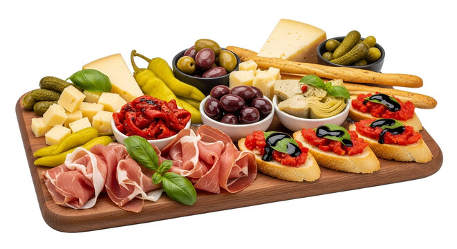 Appetizer platter with cheese, olives, prosciutto, bruschetta, and breadsticks on a wooden board.
