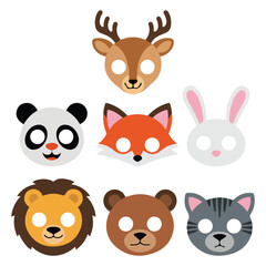Set of assorted animal masks for party dress up isolated vector illustration on white background