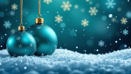 Christmas ornaments in teal and snow festive atmosphere holiday decor winter wonderland close-up celebratory elegance