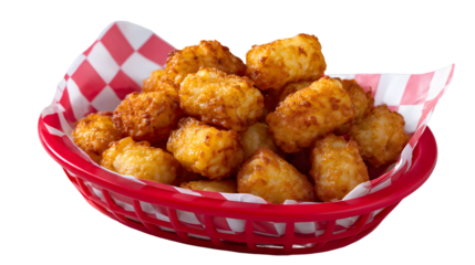 A classic fast-food basket of crispy, golden Tater Tots, served on red checkered paper. A perfect, isolated and nostalgic side dish or snack for any menu.