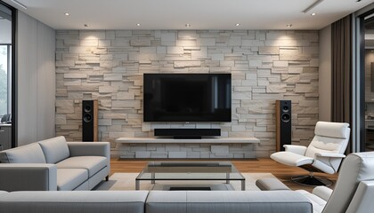 Serene living room featuring a stone accent wall and modern minimalist furniture arrangement.