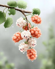 Cute white and orange mulberries with kawaii faces and fresh water droplets hanging from a leafy branch.