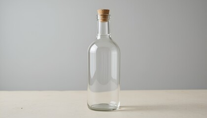 An clear glass bottle with a cork stopper stands elegantly on a light surface and gray backdrop.