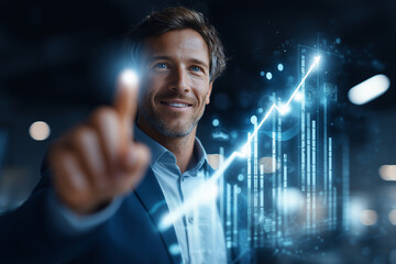 confident businessman interacts with digital graph, showcasing growth and success in modern office environment. His expression reflects determination and optimism