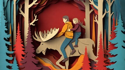 Layered Paper Cut Illustration of a Man and Child Riding a Moose Through a Whimsical Forest