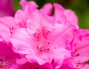 Close-up of a vibrant pink flower with water droplets, showcasing intricate details of petals and stamen