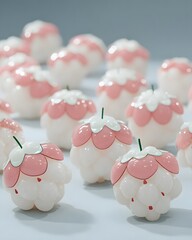 3D Render of Cute Glossy Pink and White Stylized Strawberry Shapes