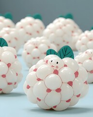 Cute 3D Rendered Smiling White Cauliflower or Bubble Character with Green Leaves on Blue Background