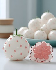 Stylized White Strawberry with Pink Spots and Glossy Pink Bubble Sculpture on a Clean White Tabletop