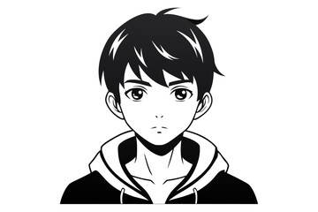 Minimalist black and white vector illustration of an anime boy silhouette with messy hair and sharp features. Perfect for manga