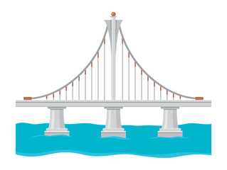 An illustration of a suspension bridge over a river. The bridge features distinct supporting pylons and a calm water surface, creating a calming visual impression.