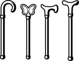 Flat vector illustration, walking cane icons, mobility aid, ergonomic handle, crook handle, decorative handle, T‑shaped handle, medical support, accessibility equipment, rehabilitation device