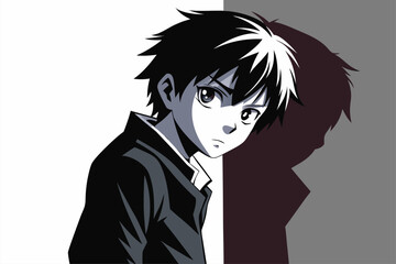 Minimalist black and white vector illustration of an anime boy silhouette with messy hair and sharp features. Perfect for manga