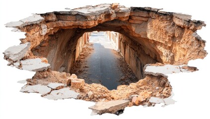 A crumbling archway reveals a deserted street, a damaged pathway glimpsed through a gaping hole in the ground.