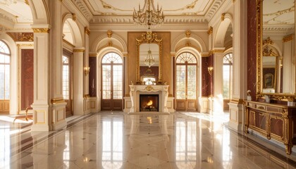Fototapeta premium Grand Palace Interior: Opulent Hallway with Marble Floors and Gold Accents