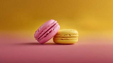 Fototapeta premium Two Colorful Macarons Against Pink and Yellow Gradient Background