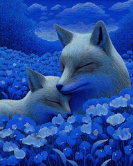 Blue Foxes Cuddling in a Serene Flower Field - Stylized Monochromatic Line Art