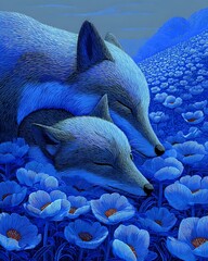 Stylized Blue Foxes Sleeping Peacefully in a Tranquil Flower Meadow