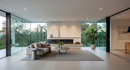 Fototapeta premium Ultra HD photo of a modern minimalistic interior with clean lines, open space, natural sunlight through glass walls, luxury architecture concept