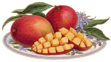 Fresh Whole and Cubed Ripe Mangoes on Decorative Plate with Leaves and Flowers, Artistic Engraving Style Illustration