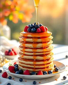 Stack of pancakes with dripping honey and fresh berries in warm morning sunlight, rustic breakfast concept