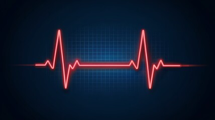 Vibrant red electrocardiogram waveform pulsing across a dark blue grid representing a healthy human heartbeat and vital signs