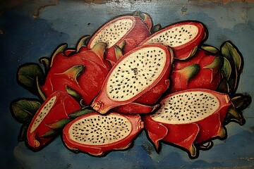 Exotic Dragon Fruit Painting with Slices and Seeds on Rustic Blue Wood Texture