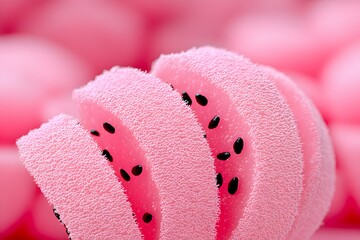 Abstract Macro View of Stylized Pink Watermelon Slices with Textured Surface and Black Seeds