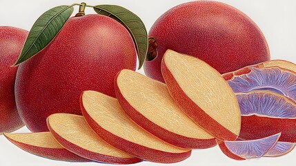 Vibrant Red and Yellow Mangoes, Whole and Sliced with Leaf on White Background