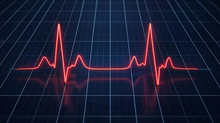 Naklejka premium Vibrant red electrocardiogram waveform pulsing across a dark blue grid representing life and health monitoring technology