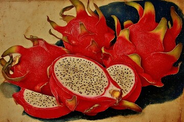 Vibrant Red Dragon Fruits, Whole and Sliced, on a Textured Background in Still Life Painting Style
