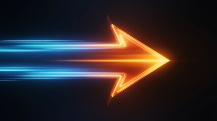 Bright orange arrow with streaks of blue light trails moving forward on a dark background symbolizing speed progress and direction