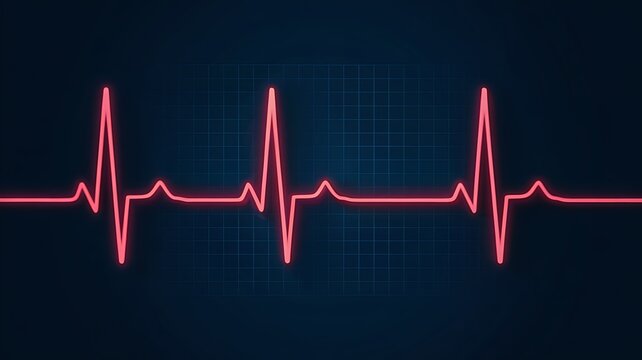 Vibrant red electrocardiogram waveform symbolizing a healthy heartbeat displayed on a dark blue digital medical monitoring screen
